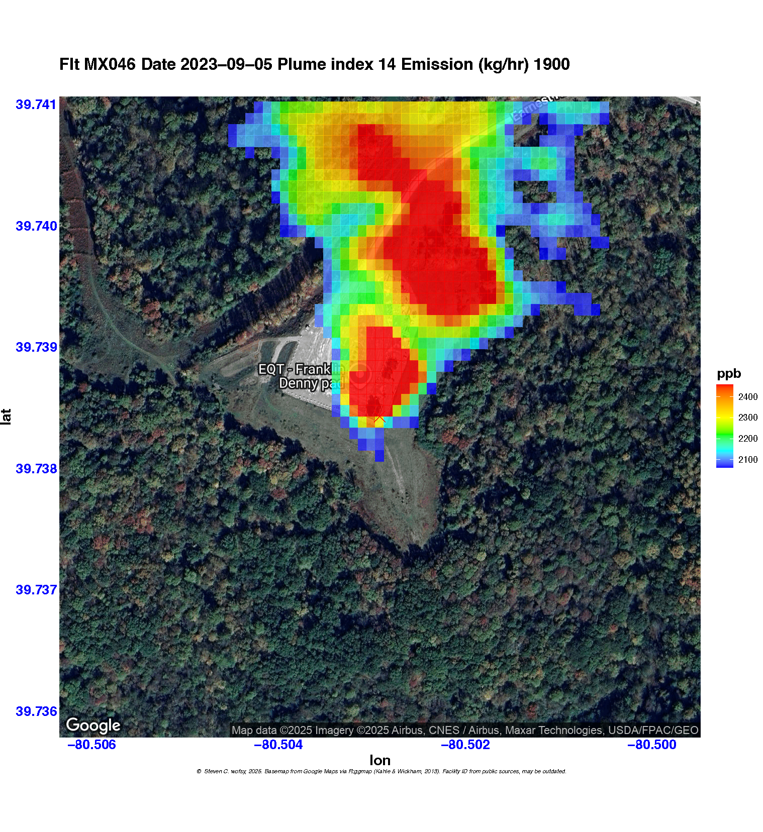 Plume images of methane emissions recorded by MethaneAir at the Cumberland No. 9 Bleeder Shaft (left) and the Franklin Denny Well Pad (right). Images generated by Prof. Steven Wofsy.